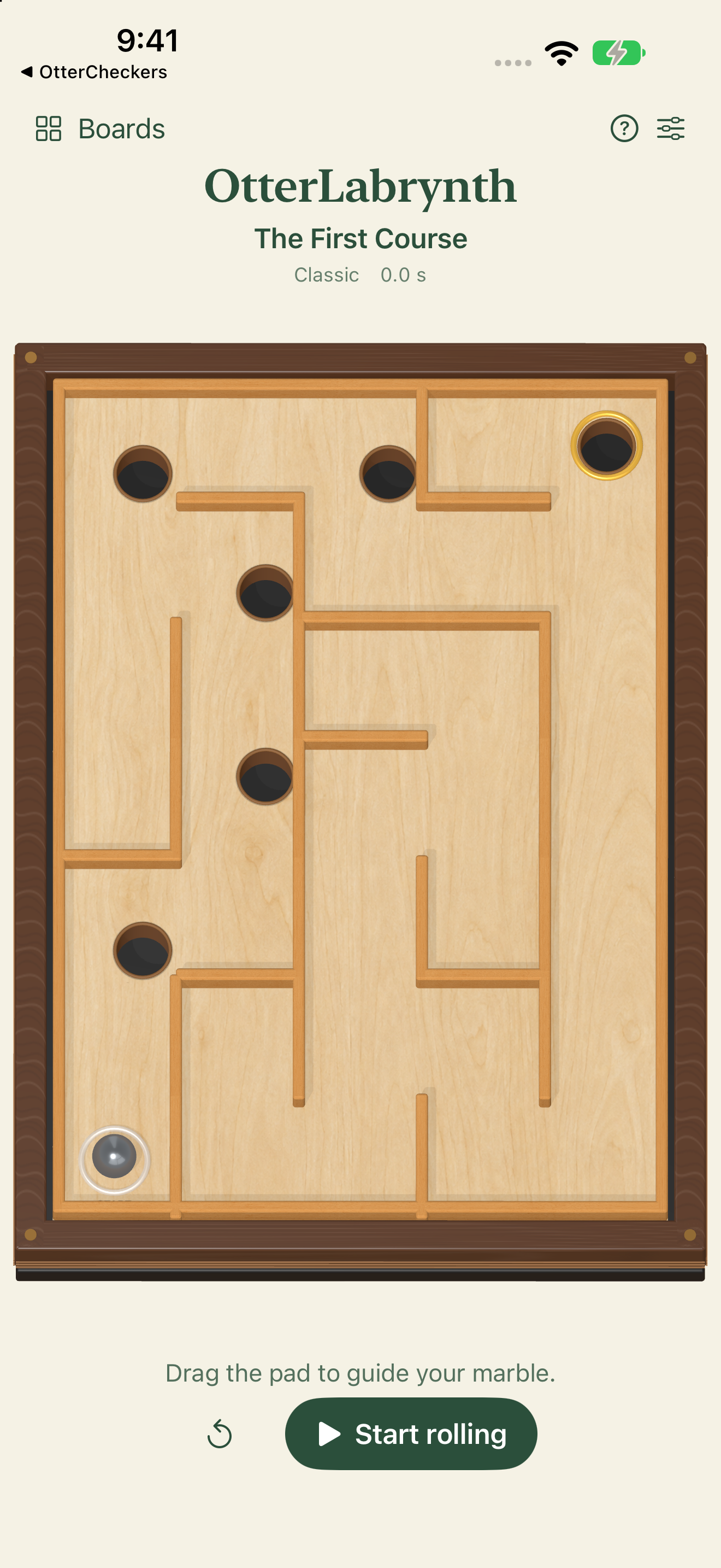 Actual OtterLabrynth gameplay on iPhone: wooden rails, a steel ball and an unmarked maze