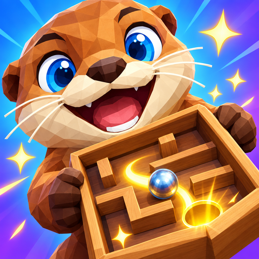 A playful otter holding a wooden labyrinth board
